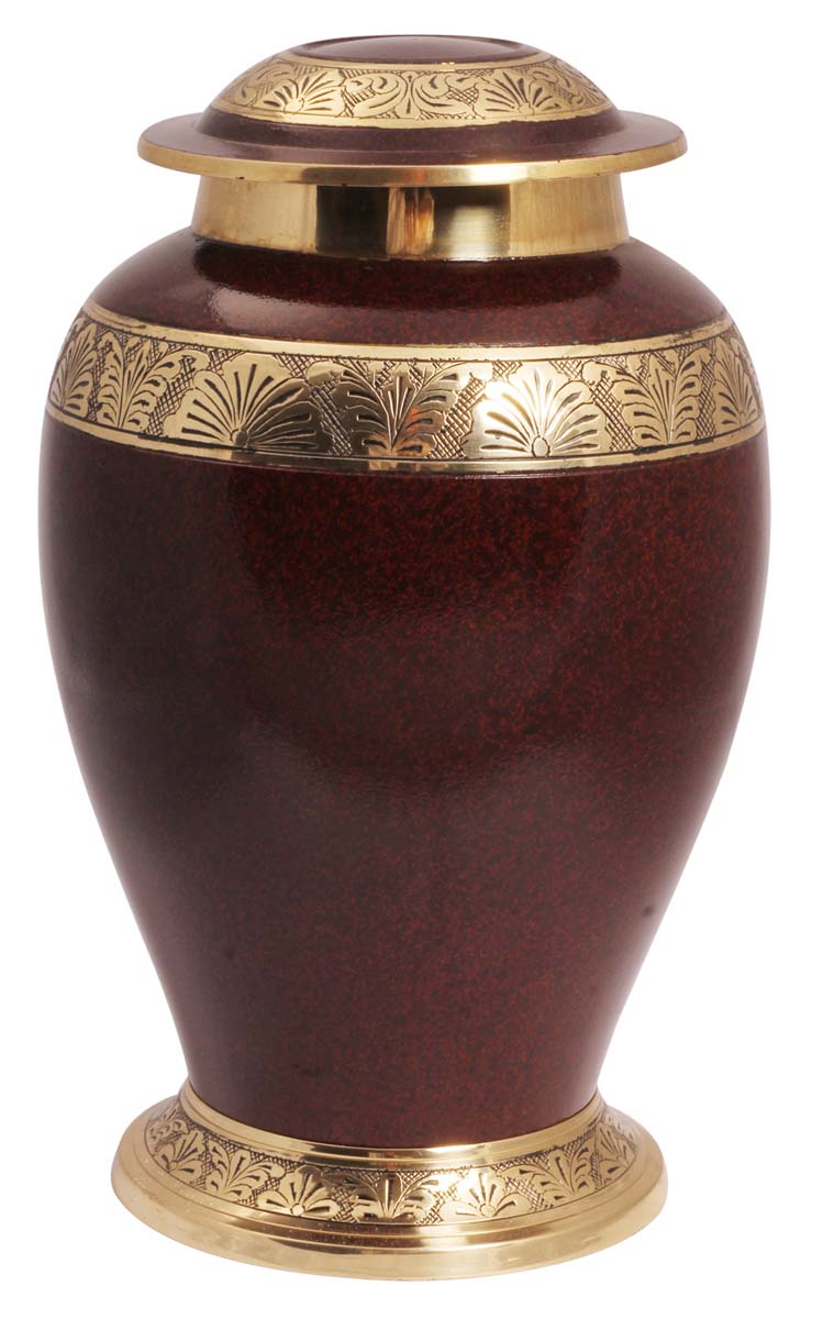 10.5” Red-Brown Brass Cremation Urn with Floral Motifs – Hand-Crafted – Solid Urns for Ashes at Wholesale